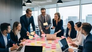 Un grupo de trabajo sonriente en una reunión alrededor de una mesa. Todos tienen laptops y además hay muchos memos pegados en la mesa.